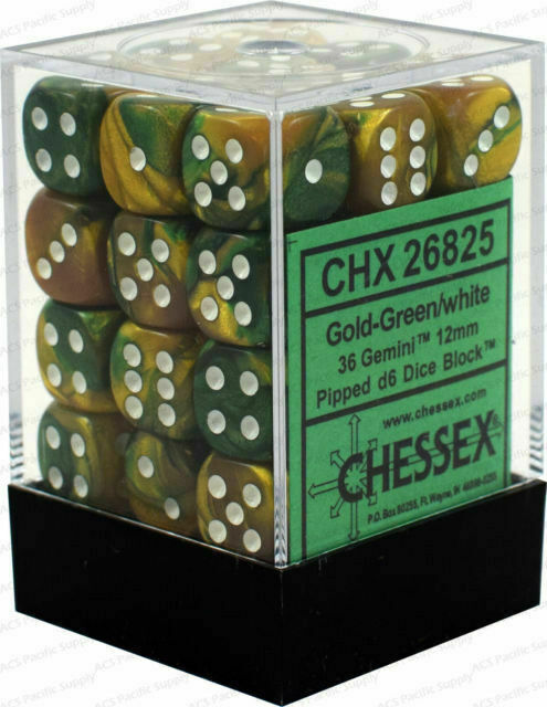 Chessex - 12mm D6 - Gemini Gold-Green-White - CHX26825