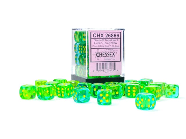 Chessex - 12mm D6 - Gemini Translucent Green-Teal/Yellow - CHX26866